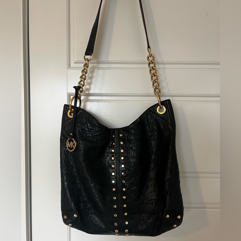 Michael Kors Uptown Astor Black Gold Studded Leather Carryall, Large Tote Bag